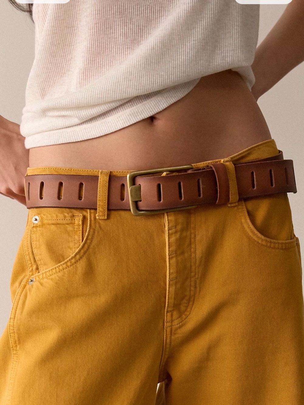 Free People Brown Leather Belt with Antique Brass-Tone Buckle